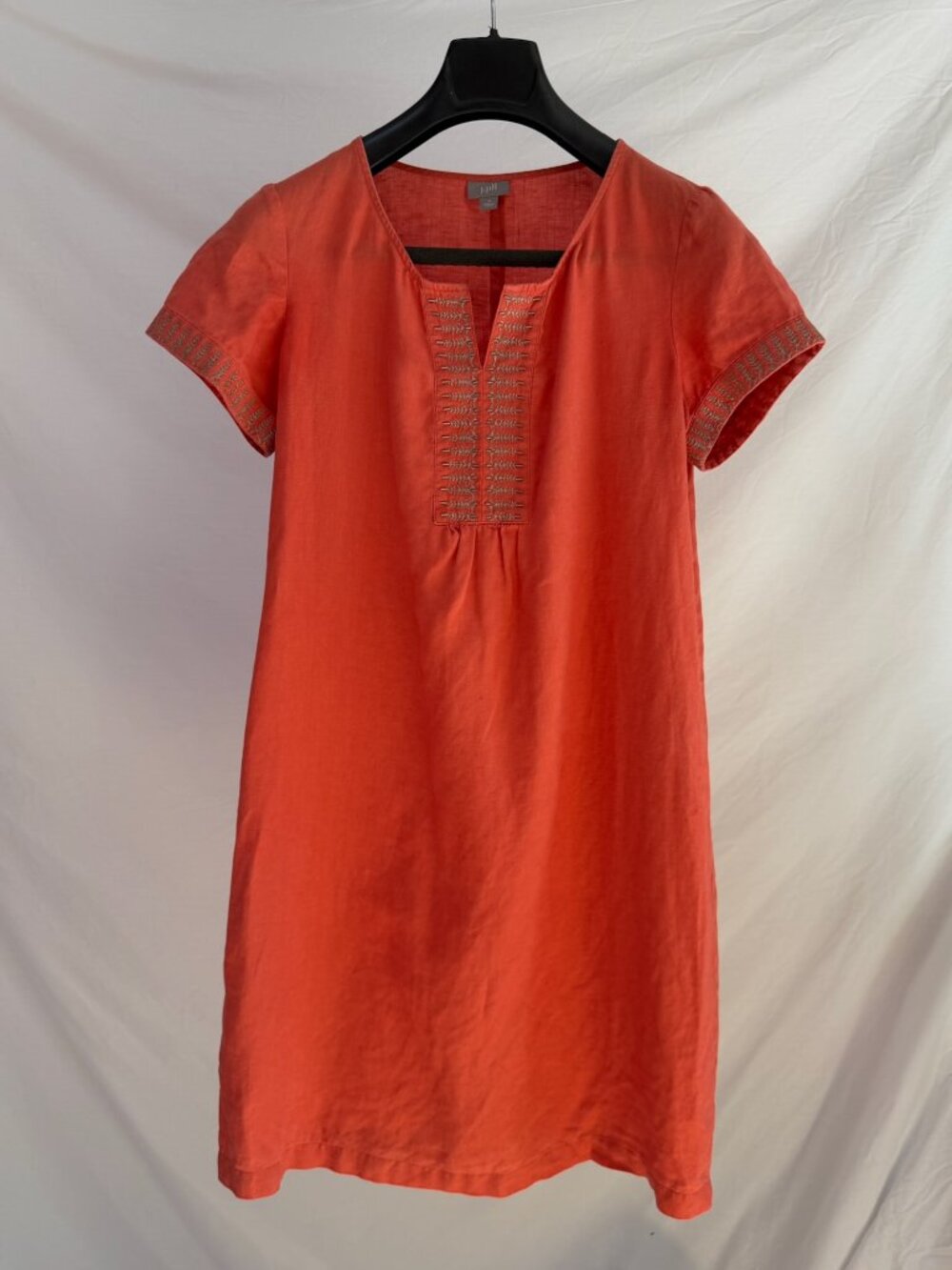 J.JILL Salmon Orange Beaded 100% Linen Shift Dress Size 8